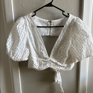 White Puff Sleeve Tie Front Crop Blouse